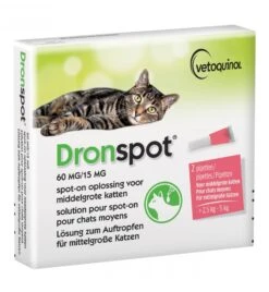 Vetoquinol Dronspot Middelgrote Kat 60 Mg / 15 Mg - 2.5 Kg T/m 5 Kg - 2 Pipetten